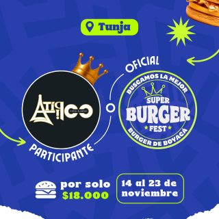 Participante Oficial del Super Burger Fest Boyacá 2025 🍔Atípico📍Tunja @atipicotunja 🤩 Prepárate para probar su Burger del 14 al 23 de noviembre por solo $18.000 COP en el restaurante.
.
Organiza: @lasupersona
.
#boyaca #superfest #burgerfest #superburgerfest #tunja #lasupersona