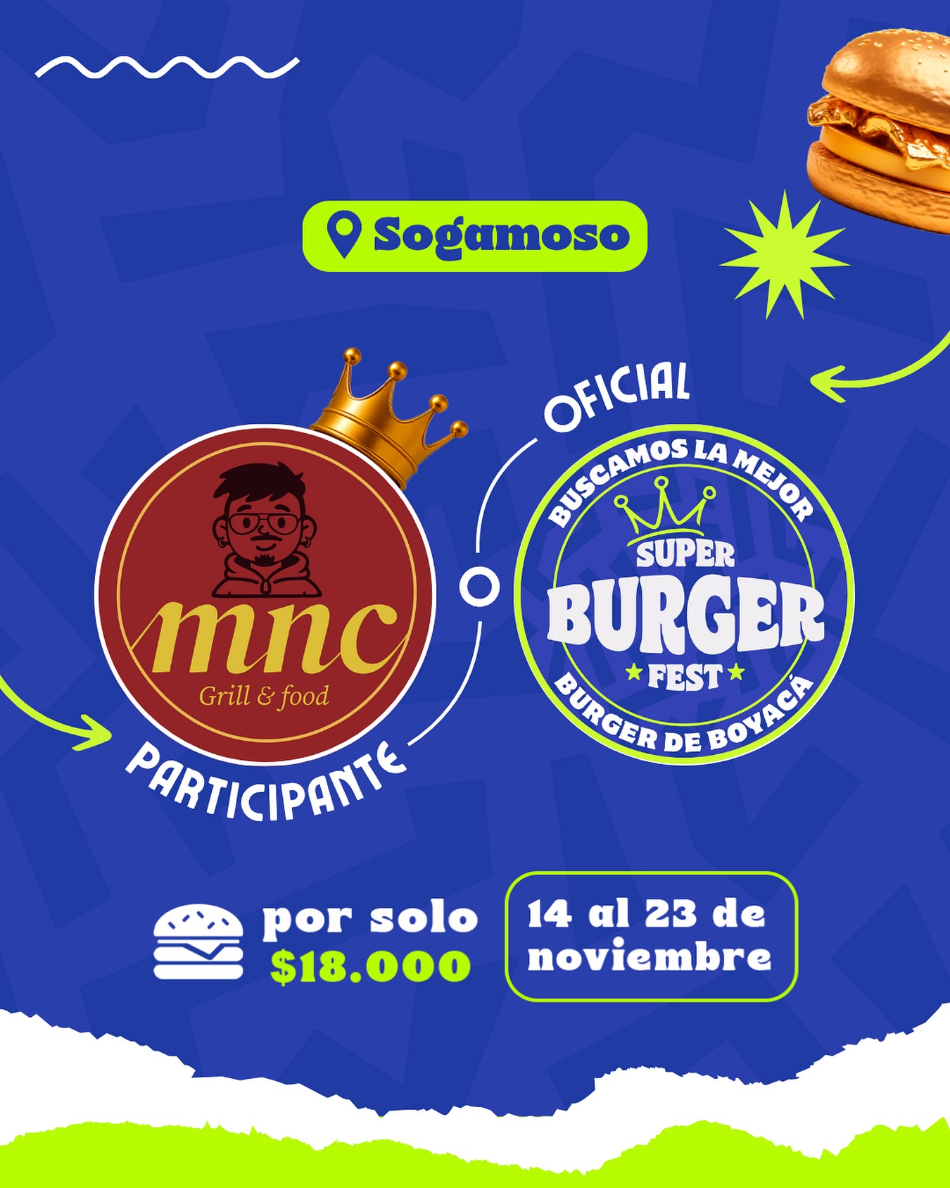 Participante Oficial del Super Burger Fest Boyacá 2025 🍔Monaco Grill & Food📍Sogamoso @monacogrillfood 🤩 Prepárate para probar su Burger del 14 al 23 de noviembre por solo $18.000 COP en el restaurante.
.
Organiza: @lasupersona
.
#boyaca #superfest #burgerfest #superburgerfest #sogamoso #lasupersona
