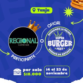 Participante Oficial del Super Burger Fest Boyacá 2025 🍔Regional Gastro Bar📍Tunja @regionalgastrobar 🤩 Prepárate para probar su Burger del 14 al 23 de noviembre por solo $18.000 COP en el restaurante.
.
Organiza: @lasupersona
.
#boyaca #superfest #burgerfest #superburgerfest #tunja #lasupersona