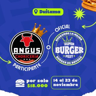 Participante Oficial del Super Burger Fest Boyacá 2025 🍔Angus Choricería 📍Duitama @angus_choriceria 🤩 Prepárate para probar su Burger del 14 al 23 de noviembre por solo $18.000 COP en el restaurante.
.
Organiza: @lasupersona
.
#boyaca #superfest #burgerfest #superburgerfest #duitama #lasupersona