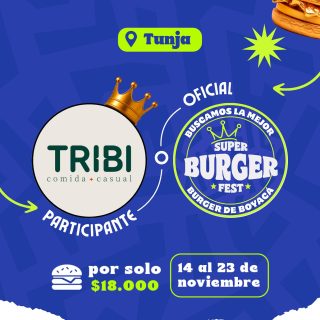Participante Oficial del Super Burger Fest Boyacá 2025 🍔Tribi Comida Casual📍Tunja @tribi_comidacasual 🤩 Prepárate para probar su Burger del 14 al 23 de noviembre por solo $18.000 COP en el restaurante.
.
Organiza: @lasupersona
.
#boyaca #superfest #burgerfest #superburgerfest #tunja #lasupersona