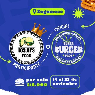 Participante Oficial del Super Burger Fest Boyacá 2025 🍔Los 3 JJJ Food📍Sogamoso @los3jjjs 🤩 Prepárate para probar su Burger del 14 al 23 de noviembre por solo $18.000 COP en el restaurante.
.
Organiza: @lasupersona
.
#boyaca #superfest #burgerfest #superburgerfest #sogamoso #lasupersona