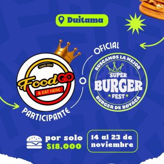 Participante Oficial del Super Burger Fest Boyacá 2025 🍔Food Go📍Duitama @foodgo.co 🤩 Prepárate para probar su Burger del 14 al 23 de noviembre por solo $18.000 COP en el restaurante.
.
Organiza: @lasupersona
.
#boyaca #superfest #burgerfest #superburgerfest #duitama #lasupersona