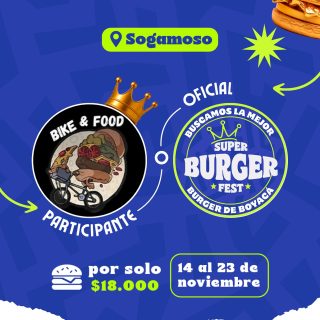 Participante Oficial del Super Burger Fest Boyacá 2025 🍔Bike & Food📍Sogamoso @bikeandfood_ 🤩 Prepárate para probar su Burger del 14 al 23 de noviembre por solo $18.000 COP en el restaurante.
.
Organiza: @lasupersona
.
#boyaca #superfest #burgerfest #superburgerfest #sogamoso #lasupersona