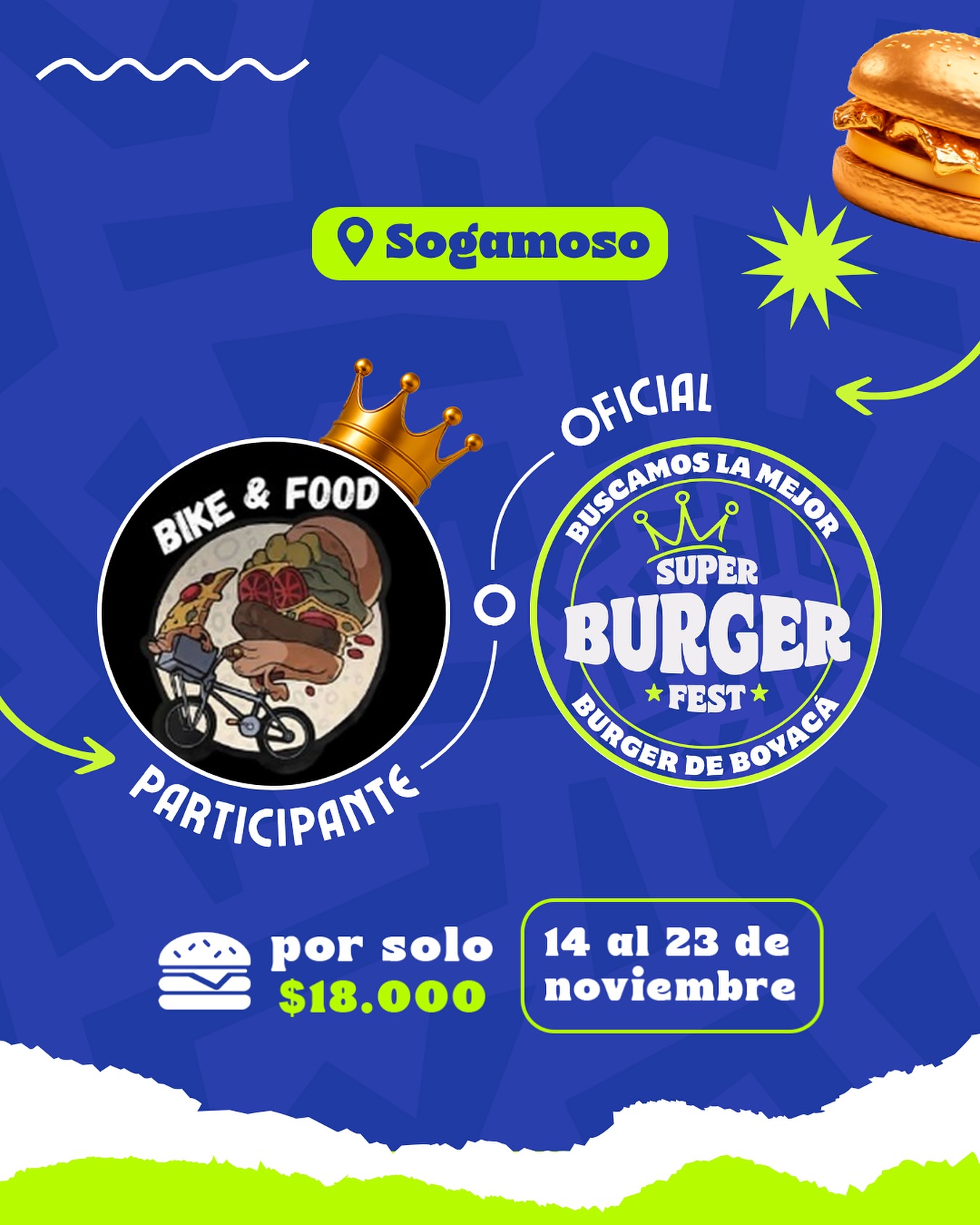 Participante Oficial del Super Burger Fest Boyacá 2025 🍔Bike & Food📍Sogamoso @bikeandfood_ 🤩 Prepárate para probar su Burger del 14 al 23 de noviembre por solo $18.000 COP en el restaurante.
.
Organiza: @lasupersona
.
#boyaca #superfest #burgerfest #superburgerfest #sogamoso #lasupersona