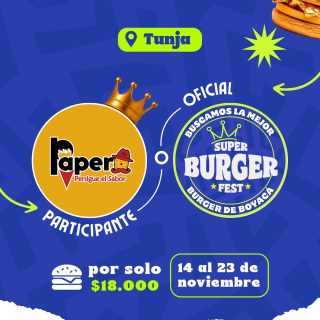 Participante Oficial del Super Burger Fest Boyacá 2025 🍔Papero Col📍Tunja @papero.col 🤩 Prepárate para probar su Burger del 14 al 23 de noviembre por solo $18.000 COP en el restaurante.
.
Organiza: @lasupersona
.
#boyaca #superfest #burgerfest #superburgerfest #tunja #lasupersona
