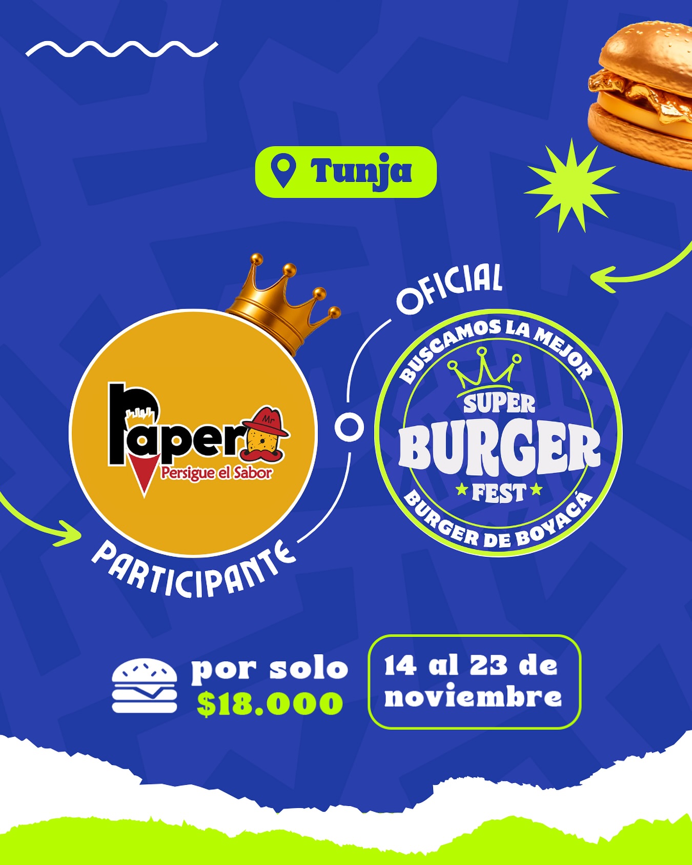 Participante Oficial del Super Burger Fest Boyacá 2025 🍔Papero Col📍Tunja @papero.col 🤩 Prepárate para probar su Burger del 14 al 23 de noviembre por solo $18.000 COP en el restaurante.
.
Organiza: @lasupersona
.
#boyaca #superfest #burgerfest #superburgerfest #tunja #lasupersona