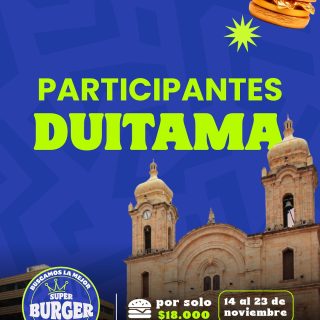 Participantes 🍔 Duitama:
@180gradossteakhouse 
@asadodelgordo 
@theburgerbistro.co 
@eltitanic.rest 
@noahs_snackbar 
@pipe.parrilla 
@foodgo.co 
@ehavemariarestaurante 
@umami__restaurante 
@monacocoffeeanddrinks 
@angus_choriceria 
@quenko_nikkei 
.
Prueba su Burger participante por solo $18.000 pesos del 14 al 23 de noviembre.
.
#superburgerfest #burgerfest #boyaca #duitama