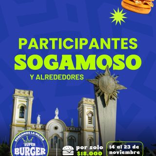 Participantes 🍔 Sogamoso y alrededores:
@ritorooftop 
@elbutacobistro2023 
@los3jjjs 
@apetitet 
@gastropubcasaarabica 
@lachoricera_01 
@la_cueva_artesanal 
@monacogrillfood 
@quenko_nikkei 
@theburgerbistro.co 
@asadodelgordo 
@santogrill.sogamoso 
@naando.co 
@filette_burger 
@elaltisimogastropub 
@bikeandfood_ 
@xue_1029 
.
Tibasosa: 
@casa_valentinotibasosa 
.
Prueba su Burger participante por solo $18.000 pesos del 14 al 23 de noviembre.
.
#superburgerfest #burgerfest #boyaca #nobsa