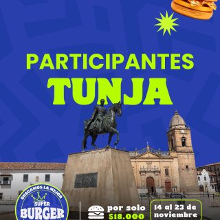 Participantes 🍔 Tunja:
@jackburgertunja 
@latereburgerstunja 
@tribi_comidacasual 
@bbbufalobeefburger 
@atipicotunja 
@taqueriachuy_tunja 
@larueda.tunja 
@papero.col 
@regionalgastrobar 
@valientebychuy_tunja 
@asadodelgordo 
@theburgerbistro.co 
.
Prueba su Burger participante por solo $18.000 pesos del 14 al 23 de noviembre.
.
#superburgerfest #burgerfest #boyaca #nobsa