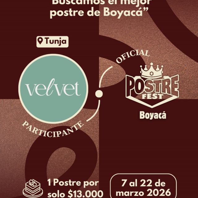 Participante Oficial Postre Fest Boyacá 2026 👑 
Velvet Pastelería📍Tunja @bake.velvet 🤩 Prepárate para probar su Postre del 7 al 22 de marzo por solo $13.000 pesos en el lugar.
.
Organiza: @lasupersona
.
#boyaca #postrefest #lasupersona #postres