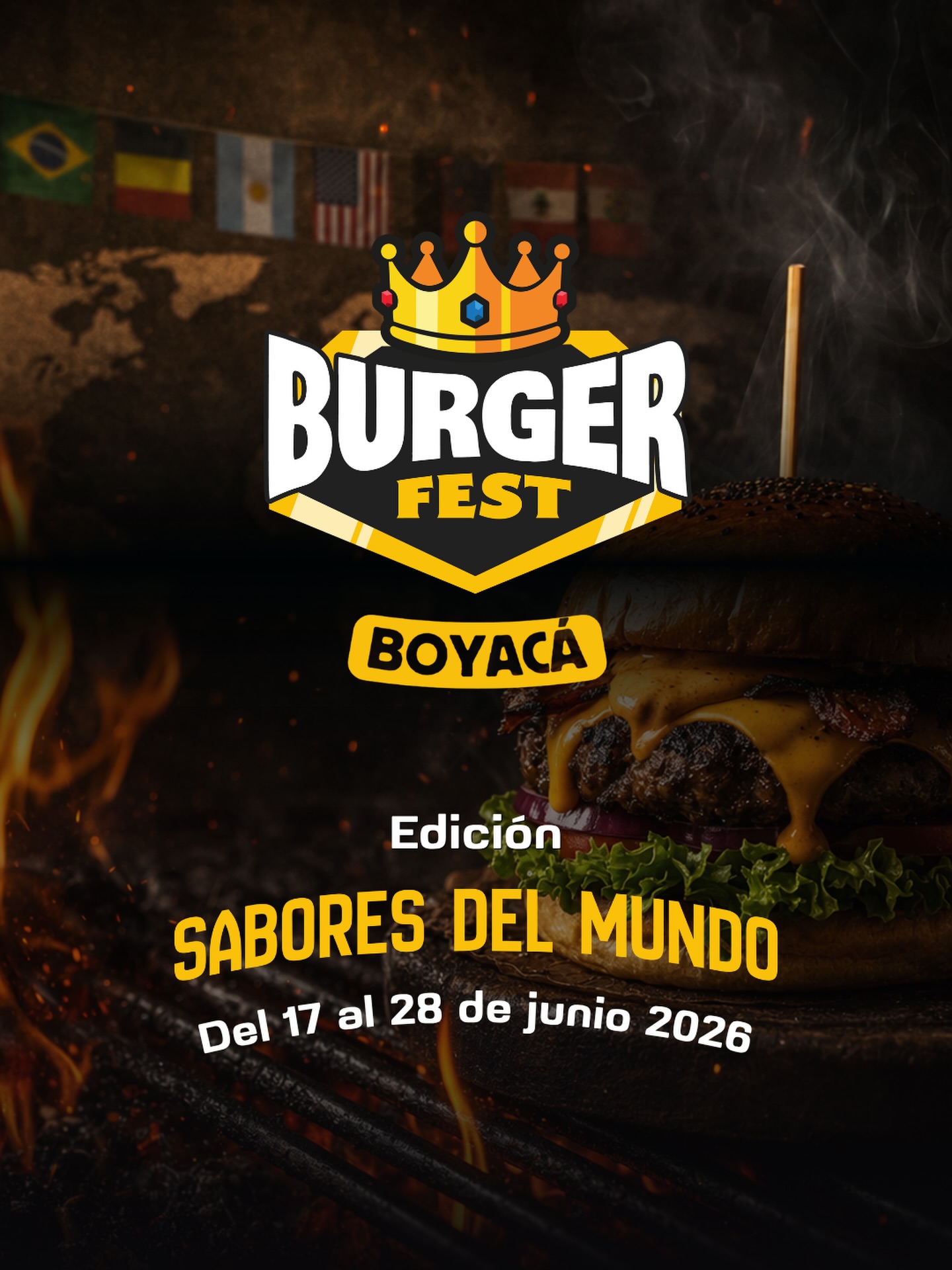 Llega el Burger Fest Boyacá 2026 🍔 Edición “Sabores del Mundo” 🏆 del 17 al 28 de junio podrás disfrutar las mejores burgers inspiradas en países del mundo por solo $20.000 en cada lugar participante 🤩 Prepárate para conocer a los Convocados 👏🚀