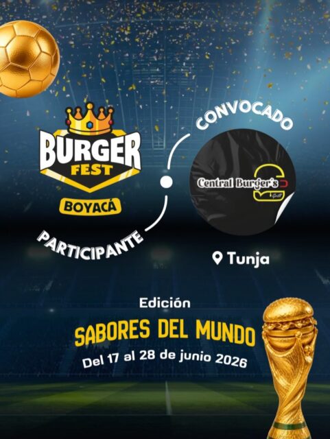 Participante Convocado para el Burger Fest Boyacá 2026 🍔 Edición Mundial 🏆
Central Burgers Grill📍Tunja @centralburgers_grill 🤩 Prepárate para probar su Burger mundialista del 17 al 28 de junio por solo $20.000 pesos en el lugar.
.
Organiza: @lasupersona