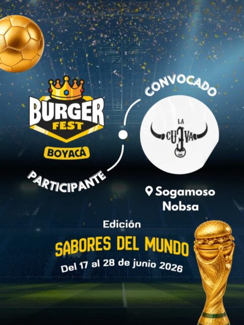 Participante Convocado para el Burger Fest Boyacá 2026 🍔 Edición Mundial 🏆
La Cueva 📍Sogamoso y Nobsa @la_cueva_artesanal 🤩 Prepárate para probar su Burger mundialista del 17 al 28 de junio por solo $20.000 pesos en el lugar.
.
Organiza: @lasupersona