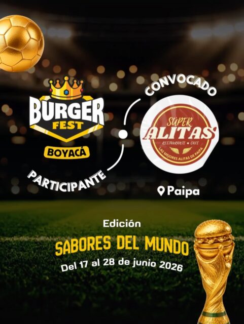 Participante Convocado para el Burger Fest Boyacá 2026 🍔 Edición Mundial 🏆
Súper Alitas 📍Paipa @superalitaspaipa 🤩 Prepárate para probar su Burger mundialista del 17 al 28 de junio por solo $20.000 pesos en el lugar.
.
Organiza: @lasupersona