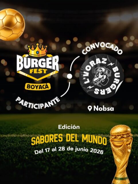 Participante Convocado para el Burger Fest Boyacá 2026 🍔 Edición Mundial 🏆
El Voráz Burgers 📍Nobsa @elvorazburgers 🤩 Prepárate para probar su Burger mundialista del 17 al 28 de junio por solo $20.000 pesos en el lugar.
.
Organiza: @lasupersona