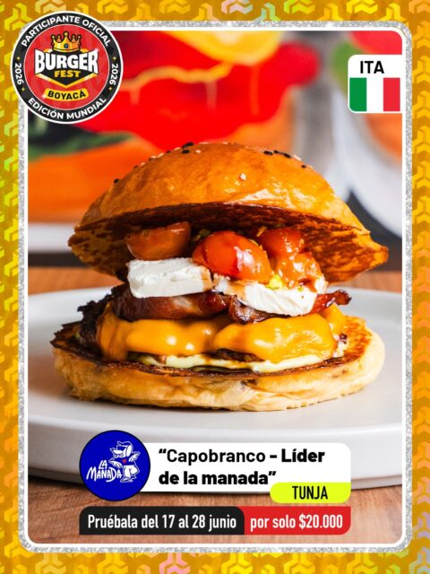 Tunja 🍔La Manada @lamanadaburgers 🔥 Participante Oficial del Burger Fest Boyacá 2026 🍔 Edición Mundial 🏆
📍Calle 46a # 3a-19 • 2° piso Las Quintas .
“Capobranco - Líder de La Manada”
País:🇮🇹Italia 
Una mezcla de contrastes que deja huella. Pan brioche, carne de 140 gramos de nuestro blend, queso cheddar, cremoso queso Philadelphia, tocineta crujiente, tomates cherry confitados, reducción de vinagre balsámico y trozos de pistacho que aportan el toque crocante perfecto
.
🕑Horarios:  Todos los días de 5:00 pm - 10:30 pm
.
Pruébala del 17 al 28 de junio por solo $20.000 mil pesos en el lugar.