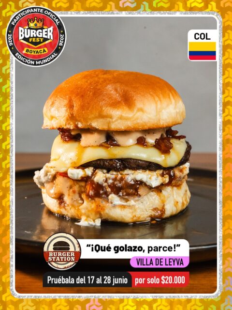 Villa de Leyva 🍔 Burger Station @burgerstation_villadeleyva 🔥 Participante Oficial del Burger Fest Boyacá 2026 🍔 Edición Mundial 🏆
📍Centro Cra 11 # 11-82 Villa de Leyva, Boyacá .
“¡Qué golazo, parce!”
País:🇨🇴Colombia 
Ingredientes:
* Pan artesanal de papa
* Carne madurada
* Queso mozzarella
* Tocineta
* Mermelada de tocineta
* Tomates confitados
* Sour cream
* Salsa de la casa
.
🕑Horarios: 
De lunes a Domingo 3:00 pm a 11:00 pm 
.
Pruébala del 17 al 28 de junio por solo $20.000 mil pesos en el lugar.