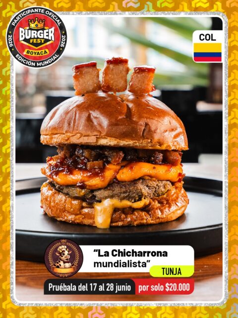 Tunja 🍔Gula’la @gulala.parrillabar 🔥 Participante Oficial del Burger Fest Boyacá 2026 🍔 Edición Mundial 🏆
📍Cl 32, N° 3 - 116, Mesopotamia .
“La Chicharrona Mundialista”
País:🇨🇴Colombia
👑 Corona de tres chicharrones crocantes, caramelizados y glaseados.
🥯 Pan brioche artesanal con ajonjolí blanco y negro.
🐷 Trozos de chicharrón crocante que aportan textura y sabor en cada mordida.
🥓 Bacon & Onion Jam, una mermelada artesanal elaborada con tocineta ahumada, cebolla caramelizada, whisky y café colombiano.
🧀 Cremoso fondue de quesos, preparado con cheddar madurado y mozzarella fundida.
🥩 180 gramos de carne de res premium, jugosa y preparada a la parrilla.
🔥 Mayonesa ahumada Gula’la, nuestra salsa secreta de la casa con un delicado toque ahumado.
🌿 Rúgula fresca que aporta equilibrio y frescura para lograr el contraste perfecto.
.
🕑Horarios:  Todos los días 12:00 pm A 11:00 pm
.
Pruébala del 17 al 28 de junio por solo $20.000 mil pesos en el lugar.