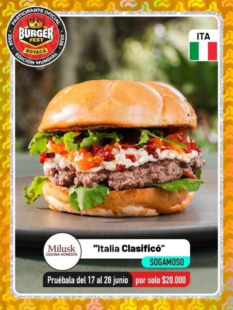 Sogamoso 🍔 Milusk Cocina Honesta @milusk_restaurante 🔥 Participante Oficial del Burger Fest Boyacá 2026 🍔 Edición Mundial 🏆
📍 km 7 Vía Sogamoso - Iza Adelante del aeropuerto.  .
“Italia Clasificó”
País:🇮🇹Italia
Lema:
Italia no va al mundial,  pero esta sí llegará a la final.
Descripción:
En un balón de pan brioche sellado con mantequilla, ajo y especias, carne de res jugosa, queso cremoso hecho en casa a partir de nuestras lactosferas, mermelada de tomates confitados, rúcula fresca, cebollitas encurtidas y pepperoni crunchy.
.
🕑Horarios: 
Lunes a domingo: 12:00 a 9:00 pm 
Martes: cerrado
.
Pruébala del 17 al 28 de junio por solo $20.000 mil pesos en el lugar.
