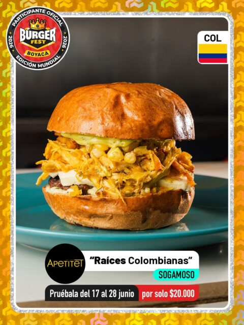 Sogamoso 🍔 Apetitet @apetitet 🔥 Participante Oficial del Burger Fest Boyacá 2026 🍔 Edición Mundial 🏆
📍Cra11# 20 a 25 Sogamoso .
“Raíces Colombianas”
País:🇨🇴Colombia
Ingredientes:
Pan blandito 
Cremoso de tártara 
Carne de res ( Blend costilla y falda) 
Queso cuajada 
Gallina confitada por 24 horas 
Hogao criollo 
Mazorca desgranada 
Salsa de guacamole
.
🕑Horarios: 
Todos los días de 9:00 am a 10:00 pm
.
Pruébala del 17 al 28 de junio por solo $20.000 mil pesos en el lugar.