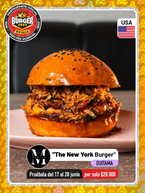 Duitama 🍔 Mónaco @monacocoffeeanddrinks 🔥 Participante Oficial del Burger Fest Boyacá 2026 🍔 Edición Mundial 🏆
📍Calle 9 # 32-19, Duitama .
“The New York Burger”
País:🇺🇸Estados Unidos Inspirada en los sabores intensos y auténticos de la ciudad que nunca duerme, llega nuestra propuesta para este Super Burger Fest:

🥯 Pan brioche con semillas de ajonjolí negro
🥩 160 gramos de jugosa carne de res 100% madurada
🧀 Queso cheddar fundido
🧅 Cebolla crispy crocante
🥓 Reducción de tocineta caramelizada
🌫️ Salsa barbecue ahumada
Una combinación perfecta entre lo dulce, lo ahumado y lo crujiente, diseñada para llevar tu paladar directamente a las calles de Nueva York en cada mordida.
⭐ Ven, pruébala y descubre por qué esta hamburguesa está lista para convertirse en la favorita del festival.
.
🕑Horarios: 
Lunes a Sábado 10:00 am - 9:00 pm
.
Pruébala del 17 al 28 de junio por solo $20.000 mil pesos en el lugar.