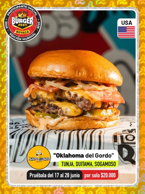 Tunja, Duitama y Sogamoso 🍔Asado del Gordo @asadodelgordo 🔥 Participante Oficial del Burger Fest Boyacá 2026 🍔 Edición Mundial 🏆
📍Tunja: CC Unicentro local 1098
📍Duitama: CC Innovo Plaza local 222
📍Sogamoso: Cra. 9 #16-26 .
“Oklahoma del Gordo”
País:🇺🇸Estados Unidos 
Directo desde las carreteras de Estados Unidos llega nuestra interpretación de una de las hamburguesas más icónicas del país: la Oklahoma Burger. Dos jugosas porciones de carne estilo smash, prensadas sobre una montaña de cebolla grillé para lograr ese sabor caramelizado e irresistible que la hizo famosa. La acompañamos con doble queso americano Kraft, pepinillos agridulces estilo americano, nuestra cremosa salsa animal de la casa y todo servido en un suave pan artesanal.
Una hamburguesa sencilla en ingredientes, pero legendaria en sabor. La prueba de que, cuando se hace bien, un clásico nunca pasa de moda.
🍔 Oklahoma del Gordo: el auténtico sabor americano con el sello callejero de El Asado del Gordo. 🇺🇸🔥
.
🕑Horarios:  Todos los días 12:00 m - 9:00 pm
.
Pruébala del 17 al 28 de junio por solo $20.000 mil pesos en el lugar.