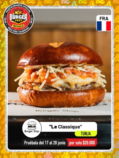 Tunja 🍔Burger Stop @burgerstopoficial 🔥 Participante Oficial del Burger Fest Boyacá 2026 🍔 Edición Mundial 🏆
📍CC Boulevard, local 134 Tunja .
“Le Classique”
País:🇫🇷Francia
Pan pretzel artesanal, 130 gramos de carne Angus jugosa, queso cheddar real y gouda ahumado fundidos a la perfección, coronados con una intensa reducción de tocineta ahumada. Todo bañado por nuestra demi-glace, la legendaria salsa de la cocina francesa que envuelve cada ingrediente en una explosión de sabor profunda, untuosa e irresistible. , papa crocante y pan dorado con salsa de la casa.
.
🕑Horarios: 
Domingo a miércoles: 12:30 a 9:00 pm 
Jueves a sábado: 12:30 a 10:00 pm
.
Pruébala del 17 al 28 de junio por solo $20.000 mil pesos en el lugar.