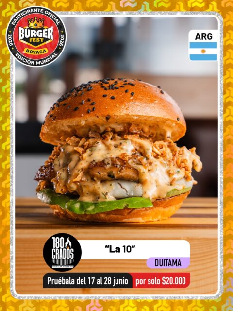 Duitama 🍔 180 Grados - Steak House @180gradossteakhouse 🔥 Participante Oficial del Burger Fest Boyacá 2026 🍔 Edición Mundial 🏆
📍Pasaje Comercial Solano, Local 230, Duitama, Boyacá .
“La 10 🇦🇷”
País:🇦🇷Argentina 
La estrella de la casa. Una hamburguesa creada para los campeones 🌟
Sobre un suave pan brioche premium descansa nuestro tradicional blend de carne angus americano, elaborado con cortes madurados  que evocan la intensidad y tradición del auténtico asado argentino. La acompaña una generosa capa de queso provolone fundido, tocineta de matambre ahumado, cebolla crispy que aporta el crunch perfecto en cada mordida y la frescura del cogollo europeo.
Todo se eleva con nuestra exclusiva MayoChurri Trufada, una salsa que combina la frescura del chimichurri con la elegancia de la trufa negra transformando cada bocado en una experiencia inolvidable.
.
🕑Horarios: 
Lunes y martes de 4:00 pm a 9:00 pm Miércoles a sábado de 12:00 m a 9:30 pm Domingos y festivos 12:00 m a 9:00 pm
.
Pruébala del 17 al 28 de junio por solo $20.000 mil pesos en el lugar.