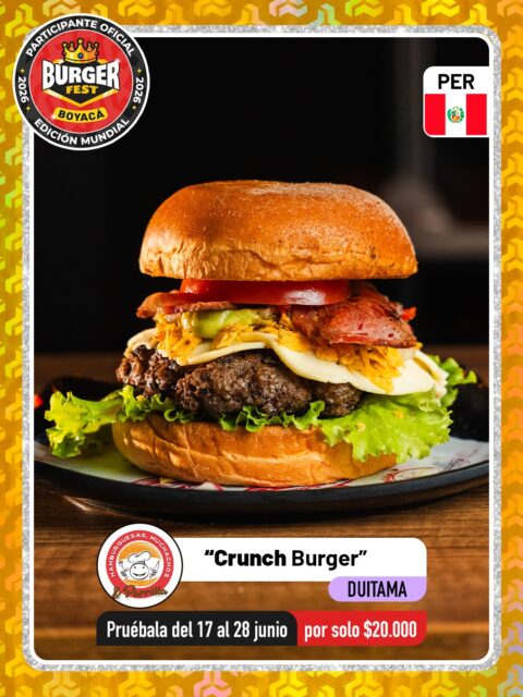 Duitama 🍔 Muchachos de la Hamburguesa Express @muchachosexpress 🔥 Participante Oficial del Burger Fest Boyacá 2026 🍔 Edición Mundial 🏆
📍Carrera 15 # 13-55 .
“Crunch Burger”
País:🇵🇪Perú Ingredientes:  Pan artesanal a base papa 
Verduras frescas lechuga Hidroponicq y cebolla roja en reducción agridulce 
150 gramos de carne de res jugosa y seleccionada
Salsa especial de la casa
Tocineta o bacon
Porción de topins para realzar un pico de gallo hecho en casa a base de guacamole
.
🕑Horarios: 
Todos los días de 11:30 am - 9:30 pm
.
Pruébala del 17 al 28 de junio por solo $20.000 mil pesos en el lugar.