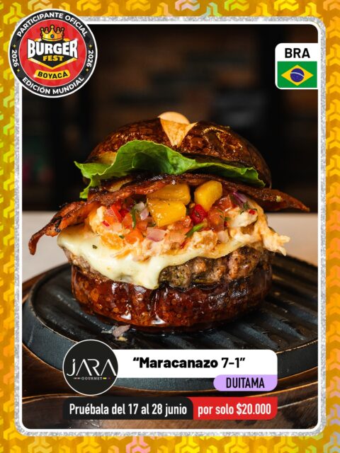 Duitama 🍔 Jara Gourmet @jaragourmett 🔥 Participante Oficial del Burger Fest Boyacá 2026 🍔 Edición Mundial 🏆
📍CC Innovo plaza .
“Maracanazo 7-1”
País:🇧🇷Brasil  Esta hamburguesa nace como un homenaje a uno de los partidos más recordados en la historia del fútbol: el 7-1 del Mundial de 2014. Una propuesta que une la pasión y la alegría de Brasil con la fuerza y precisión de Alemania, transformando un resultado inolvidable en una experiencia gastronómica única.

Ingredientes:
* Pan pretzel, inspirado en la tradición alemana.
* Dip de pollo ahumado con queso mascarpone.
* Carne madurada.
* Jalea de piña, evocando los sabores tropicales de Brasil.
* Tocineta ahumada.
* Chimichurri brasilero.
* Vegetales frescos.

Siete ingredientes que representan la historia de dos naciones; un solo sabor que las une.
Porque algunas rivalidades quedan en la cancha, pero en la cocina se convierten en algo extraordinario.
.
🕑Horarios: 

.
Pruébala del 17 al 28 de junio por solo $20.000 mil pesos en el lugar.