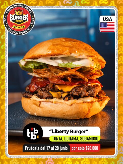 Tunja, Duitama y Sogamoso 🍔 The Burger Bistro @theburgerbistro.co 🔥 Participante Oficial del Burger Fest Boyacá 2026 🍔 Edición Mundial 🏆
📍Tunja: Calle 32 #1A-15, Edificio Garden Tower. LOCAL107
📍Duitama: Avenida Américas #25-54
📍Sogamoso: Cra. 11 #25-13 frente al recreacional del norte .
“Liberty Burger”
País:🇺🇸Estados Unidos
Jugosa doble smash burger con doble queso americano, cebolla crispy, cogollo que le da un toque de frescura, realzada con una salsa de pepinillos y miso llena de carácter. .
🕑Horarios:  Domingo, lunes y martes 12:00 m a 10:00 pm Miércoles y jueves 12:00 m a 11:00 pm Viernes y sábado 12:00 m a 12:00 am
.
Pruébala del 17 al 28 de junio por solo $20.000 mil pesos en el lugar.