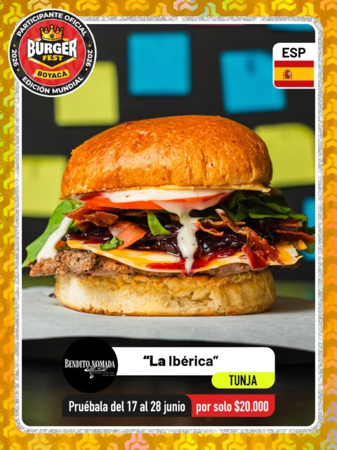 Tunja 🍔 Bendito Nómada @benditonomada_tunja 🔥 Participante Oficial del Burger Fest Boyacá 2026 🍔 Edición Mundial 🏆
📍Centro comercial - boulevard Norte Local 208 .
“La Ibérica”
País:🇪🇸España 
Pan de masa madre ligeramente tostado con mantequilla, blen de res y cerdo sazonada con pimentón ahumado, queso manchego, jamón ibérico crujiente, rodajas de tomate maduro, cebolla caramelizada en vino tinto, alioli de la casa, hojas de rúcula fresca.
.
🕑Horarios: 
Todos los días de 1:00 pm a 11:00 pm
.
Pruébala del 17 al 28 de junio por solo $20.000 mil pesos en el lugar.