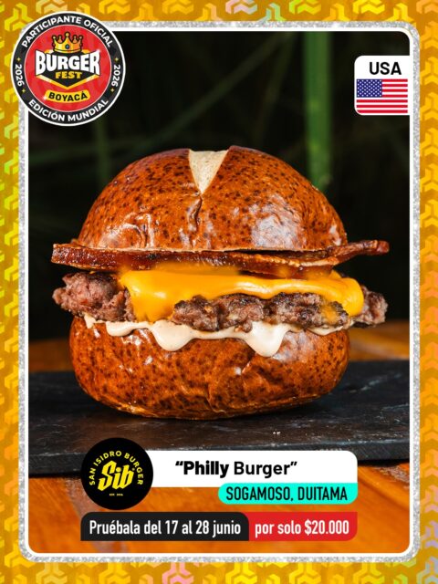 Sogamoso y Duitama 🍔 San Isidro Burger @san_isidro_burger 🔥 Participante Oficial del Burger Fest Boyacá 2026 🍔 Edición Mundial 🏆
📍Sogamoso, Cra 11 #20-08 Laguito, antes de llegar al Iwoka 📍Duitama, Cra. 13 # 17-32, Centro-Sur .
“Philly burger”
País:🇺🇸Estados Unidos
Inspirados en el país de las hamburguesas Estados Unidos tomamos algunos de sus ingredientes y técnicas y creamos la Philly Burger. 
Nuestra carne artesanal con cebollas caramelizadas al estilo Oklahoma, queso americano, tocino ahumado artesanal bañado en miel, terminado con queso Philadelphia, acompañado de una mayonesa de pepinillos todo dentro de un pan pretzel. 
.
🕑Horarios: 
Todos los días de 12:00 pm a 10:00 pm
.
Pruébala del 17 al 28 de junio por solo $20.000 mil pesos en el lugar.