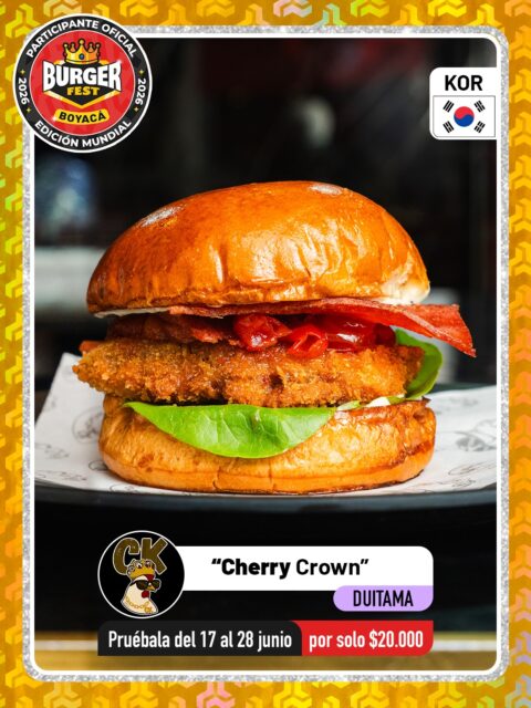 Duitama 🍔 Chicken Kings @chickenkings_duitama 🔥 Participante Oficial del Burger Fest Boyacá 2026 🍔 Edición Mundial 🏆
📍CC Innovo Plaza Local 2-18 .
“Cherry Crown”
País:🇰🇷Corea del sur Ingredientes:
Pan brioche
Salsa de queso azul
Tomates cherry  confitados
Pechuga apanada en panko
Tocineta
Cogollo
Y mayonesa coreana

.
🕑Horarios: 
Lunes a viernes 12:00 m - 4:00 pm y 6:00 pm a 9:00 pm Sábado, domingo y festivos 12:00 m a 9:00 pm
.
Pruébala del 17 al 28 de junio por solo $20.000 mil pesos en el lugar.