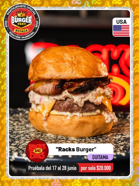 Duitama 🍔 Racks and Fries @racksandfries 🔥 Participante Oficial del Burger Fest Boyacá 2026 🍔 Edición Mundial 🏆
📍Carrera 13 #14-75 .
“Racks Burger ”
País:🇺🇸Estados Unidos Ingredientes: 
Pan brioche 
Carne premium 
Queso cheddar 
Salsa racks 
Costillas ahumadas 
Salsa de piña
.
🕑Horarios: 
Todos los días de 12:00 m a 10:00 pm
.
Pruébala del 17 al 28 de junio por solo $20.000 mil pesos en el lugar.