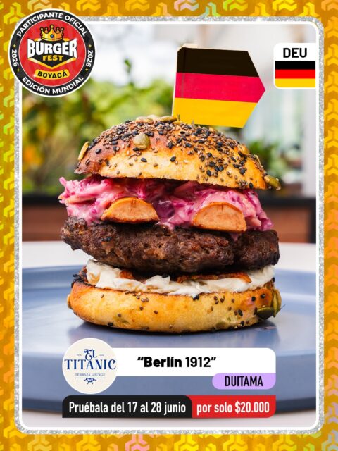 Duitama 🍔 El Titanic Restaurante @eltitanic.rest 🔥 Participante Oficial del Burger Fest Boyacá 2026 🍔 Edición Mundial 🏆
📍Innovo Plaza - Terraza Piso 3 Duitama, Boyacá .
“Berlín 1912”
País:🇩🇪Alemania  Inspirada en la elegancia y el carácter de la Alemania de principios del siglo XX, Berlín 1912 es una hamburguesa que rinde homenaje a una época inolvidable. Una combinación de sabores intensos y tradicionales que transporta a una auténtica travesía gastronómica europea.
Preparada sobre pan tipo bagel, reúne una jugosa carne de res parrillada, salchicha tipo Frankfurt, tocineta crocante, cremoso de pepinillos, chucrut germano de manzana y una exclusiva mermelada de cerveza que aporta el toque perfecto de equilibrio y personalidad.

Ingredientes:
Pan tipo bagel, carne de res parrillada, salchicha tipo Frankfurt, tocineta crocante, cremoso de pepinillos, chucrut germano de manzana y mermelada de cerveza.
“Berlín 1912: tradición alemana, historia y sabor en cada bocado.” 🇩🇪🍔🚢
.
🕑Horarios: 
Martes a sábado 12:00 m a 10:00 pm
Domingos, lunes y festivos 12:00 m a 8:00 pm
.
Pruébala del 17 al 28 de junio por solo $20.000 mil pesos en el lugar.