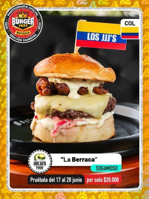 Sogamoso 🍔 Los JJJ Food @los_jjjs 🔥 Participante Oficial del Burger Fest Boyacá 2026 🍔 Edición Mundial 🏆
📍Carrera 11 #27-08 al lado de la Uniboyacá
📍Carrera 11 #3sur bomba la Virginia .
“La Berraca”
País:🇨🇴Colombia
- Pan cascarilla tipo brioche 🥐 
- ⁠Salsa tártara santandereana 🇨🇴
- ⁠Cebolla morada encurtida en limón mandarino y panela. 🧅 
- ⁠Carne 100% de res 🥩 
- ⁠Queso doble crema 🧀 
- ⁠Chicharrón bañado en reducción de bocadillo y café.
.
🕑Horarios:  Uniboyacá: Todos los días 2:00 pm a 11:30 pm Virgina: Domingo a jueves 4:00 pm a 11:30 pm Viernes y sábado 4:00 pm a 2:00 am
.
Pruébala del 17 al 28 de junio por solo $20.000 mil pesos en el lugar.