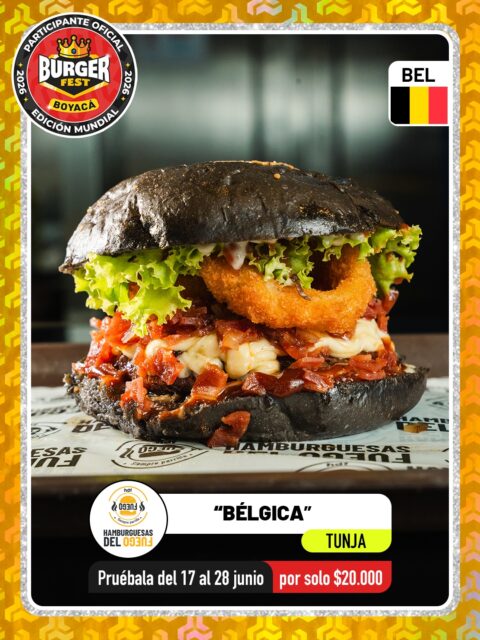 Tunja 🍔Hamburguesas del Fuego @hdf_hamburguesasdelfuego 🔥 Participante Oficial del Burger Fest Boyacá 2026 🍔 Edición Mundial 🏆
📍CC. Viva Tunja .
“Bélgica”
País:🇧🇪Bélgica 
Ingredientes: Pan negro, carne, queso 7 cueros, mermelada de tocineta, lechuga y aro de cebolla, salsa de la casa de tomate y bbq.
.
🕑Horarios:  Do - Ju: 12:00 a 9:00 pm Vie-Sa: 12:00 a 10:00 pm
.
Pruébala del 17 al 28 de junio por solo $20.000 mil pesos en el lugar.