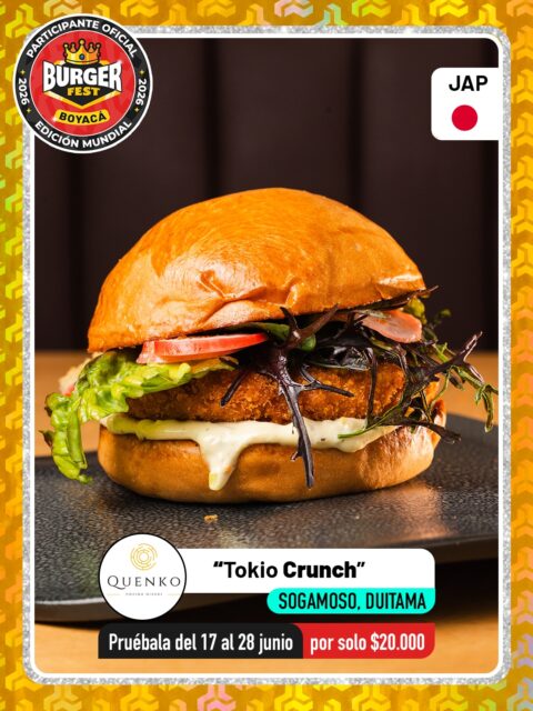 Sogamoso y Duitama 🍔 Quenko Cocina Nikkei @quenko_nikkei 🔥 Participante Oficial del Burger Fest Boyacá 2026 🍔 Edición Mundial 🏆
📍Duitama av Americas 25-62 
📍Sogamoso Carrera 11 No. 25 -17 .
“Tokio Crunch”
País:🇯🇵Japón Ingredientes: Crujiente pescado blanco apanado al panko, toque fresco de mix de lechuga asiática, un sutil ácido de nuestros rábanos encurtidos y una suave tártara artesanal a base de pepinillos. Coronada con el picor de la mayo rocotto.
.
🕑Horarios: 
Domingo a jueves de 12:00 m a 9:00 pm Viernes y sábado 12:00 m a 10:00 pm
.
Pruébala del 17 al 28 de junio por solo $20.000 mil pesos en el lugar.