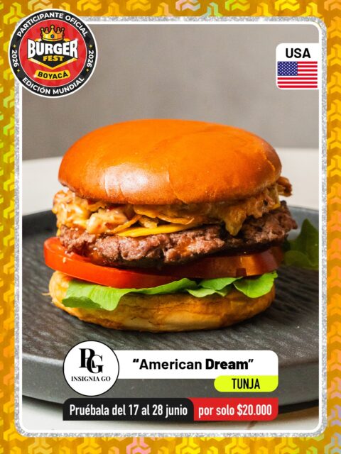 Tunja 🍔Insignia Go @insignia_go 🔥 Participante Oficial del Burger Fest Boyacá 2026 🍔 Edición Mundial 🏆
📍Cra. 1G # 46A - 81, Las quintas .
“American Dream”
País:🇺🇸Estados Unidos 
Una hamburguesa de estilo americano que combina sabor, textura y carácter en cada mordida. Preparada con suave pan brioche tostado, una jugosa mezcla tipo smash de pecho y morro de res, sellada a la plancha para potenciar su sabor. Coronada con queso americano fundido, tomate fresco y rúgula para aportar frescura y equilibrio.
La protagonista es nuestra salsa dinamita, que añade un toque cremoso y ligeramente picante, acompañada de cebolla crispy y chicharrón crispy, que entregan una explosión de textura crujiente irresistible. Una combinación intensa, jugosa y llena de personalidad para los amantes de las hamburguesas auténticas.
.
🕑Horarios:  Todos los días 11:30 am hasta las 10:00 pm
.
Pruébala del 17 al 28 de junio por solo $20.000 mil pesos en el lugar.