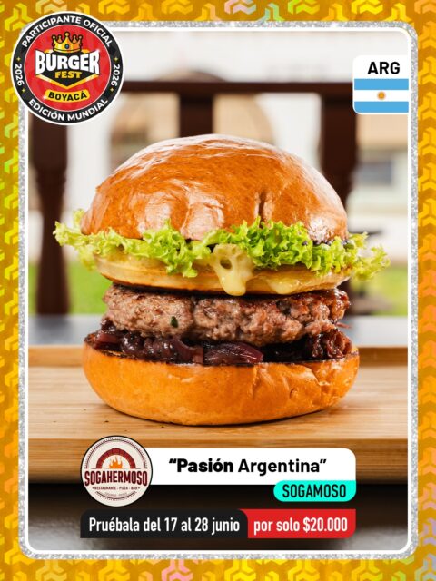 Sogamoso 🍔 Sogahermoso @sogahermoso.co 🔥 Participante Oficial del Burger Fest Boyacá 2026 🍔 Edición Mundial 🏆
📍Cra. 11 #16-03 Sogamoso .
“Pasión Argentina”
País:🇦🇷Argentina
Ingredientes:
La campeona indiscutible de la casa. Una obra de arte que se saborea de principio a fin. En la base, una delicada cama de cebollas moradas caramelizadas en una vibrante reducción de vino tinto de corozo. 
En el centro, el mano a mano perfecto entre una jugosa carne de res seleccionada y la fuerza parrillera del auténtico chorizo argentino. 
Todo esto, coronado con la joya de la tierrita: Queso Paipa tipo provoleta asado a la plancha hasta dorar, abrazado por nuestro chimichurri artesanal y un suave pan brioche.
 ¡Un auténtico grito de gol!
.
🕑Horarios: 
Domingo, martes y miércoles de 11:00 am a 5:00 pm
Jueves a sábados de 11:00 am a 8:00 pm
.
Pruébala del 17 al 28 de junio por solo $20.000 mil pesos en el lugar.