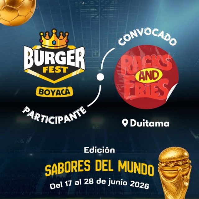 Participante Convocado para el Burger Fest Boyacá 2026 🍔 Edición Mundial 🏆
Rack and Fries📍Duitama @racksandfries 🤩 Prepárate para probar su Burger mundialista del 17 al 28 de junio por solo $20.000 pesos en el lugar.
.
Organiza: @lasupersona