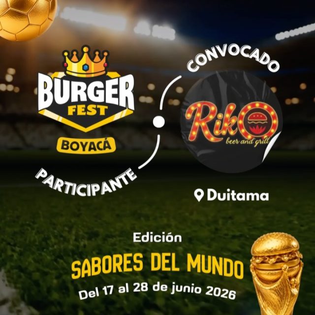 Participante Convocado para el Burger Fest Boyacá 2026 🍔 Edición Mundial 🏆
Riko Beer and Grill 📍Duitama @riko_beerandgrill_duitama 🤩 Prepárate para probar su Burger mundialista del 17 al 28 de junio por solo $20.000 pesos en el lugar.
.
Organiza: @lasupersona