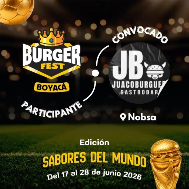 Participante Convocado para el Burger Fest Boyacá 2026 🍔 Edición Mundial 🏆
Juaco Burger 📍Nobsa @juaco_burguer 🤩 Prepárate para probar su Burger mundialista del 17 al 28 de junio por solo $20.000 pesos en el lugar.
.
Organiza: @lasupersona