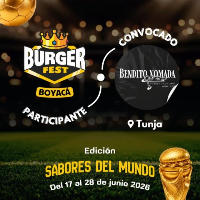 Participante Convocado para el Burger Fest Boyacá 2026 🍔 Edición Mundial 🏆
Bendito Nómada📍Tunja @benditonomada_tunja 🤩 Prepárate para probar su Burger mundialista del 17 al 28 de junio por solo $20.000 pesos en el lugar.
.
Organiza: @lasupersona