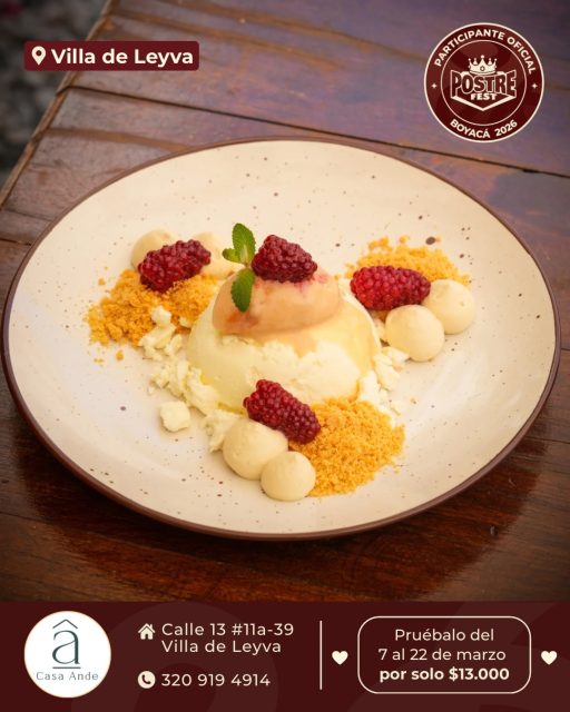 Villa de Leyva 🍰 Casa Ande @casa.ande ✨ Participante Oficial del Postre Fest Boyacá 2026 
📍Calle 13 #11a-39 - Villa de Leyva
.
“Matrimonio en casa”
Nuestro postre está inspirado en la combinación tradicional colombiana de cuajada, dulce de mora y arequipe, llevada a otro nivel. 
Presentamos un cheesecake de cuajada con relleno de mermelada de mora, acompañado de una galleta de harina de maíz amarillo, helado de arequipe y una suave crema de panela.
.
Pruébalo del 7 al 22 de marzo por solo $13.000 mil pesos en el lugar.
.
#postrefest #boyaca #postres #villadeleyva