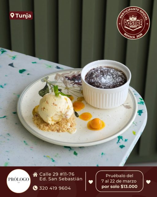 Tunja 🍰 Prólogo caffè @prologo.caffe ✨ Participante Oficial del Postre Fest Boyacá 2026 
📍Calle 29 #11-76 Ed. San Sebastián - Tunja
.
“Sinfonía Andina”
Sofiatto de chocolate al 70%, ligero y envolvente, sobre galleta artesanal crujiente. Se acompaña de helado de nata maní y mermelada de uchuva, rindiendo homenaje a esta fruta cultivada en los campos boyacenses, cuyo carácter vibrante y ácido realza la intensidad del chocolate.
Una creación que celebra el contraste, la tradición y el territorio.
.
Pruébalo del 7 al 22 de marzo por solo $13.000 mil pesos en el lugar.
.
#postrefest #boyaca #postres #tunja