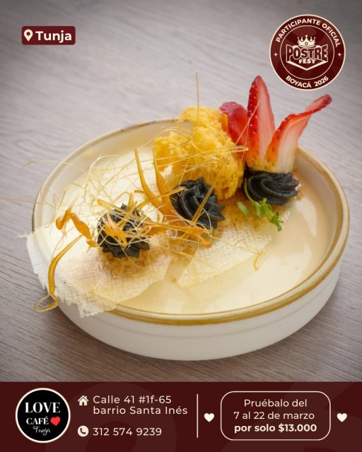 Tunja 🍰 Love Café @lovecafetunja ✨ Participante Oficial del Postre Fest Boyacá 2026 
📍Calle 41 1f-65 barrio Santa Inés - Tunja
.
Nuestro postre es una panacota que tendrá contrastes de texturas 
Con rocas de galleta, caramelo crocante crema de praliné de sesame negro y espuma cocida.
.
Pruébalo del 7 al 22 de marzo por solo $13.000 mil pesos en el lugar.
.
#postrefest #boyaca #postres #tunja