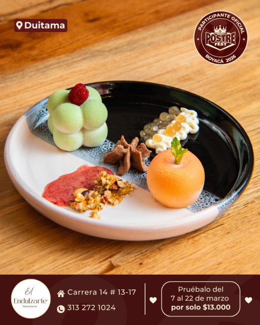 Duitama 🍰 Endulzarte Repostería @endulzarte.duitama ✨ Participante Oficial del Postre Fest Boyacá 2026 
📍Carrera 14 # 13-17 - Duitama
.
“Dualidad”
Un postre que combina perfiles de sabor en perfecta armonía.
Mousse de vainilla con corazón de durazno y mousse de pistacho con relleno de frambuesa y lychee. Se complementa con espuma de yogurt y caviar de tamarindo, praliné crujiente de frutos secos, ganache de avellana y salsa de caramelo.
Una propuesta que equilibra dulzor y acidez, cremosidad y crocancia, ofreciendo una experiencia completa en cada bocado.
.
Pruébalo del 7 al 22 de marzo por solo $13.000 mil pesos en el lugar.
.
#postrefest #boyaca #postres #duitama
